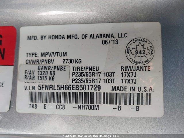 Продаж на аукціоні авто 2014 Honda Odyssey, vin: 5FNRL5H66EB501729, номер лоту: 12542319