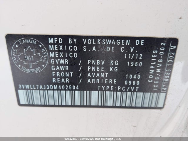 Aukcja sprzedaży 2013 Volkswagen Jetta 2.0 Tdi Highline, vin: 3VWLL7AJ3DM402504, numer aukcji: 12542340