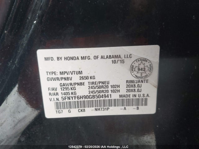 5FNYF6H90GB504941 Honda Pilot Touring
