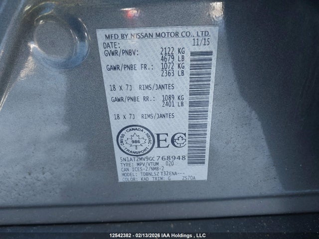 5N1AT2MV9GC768948 Nissan Rogue S/sl/sv