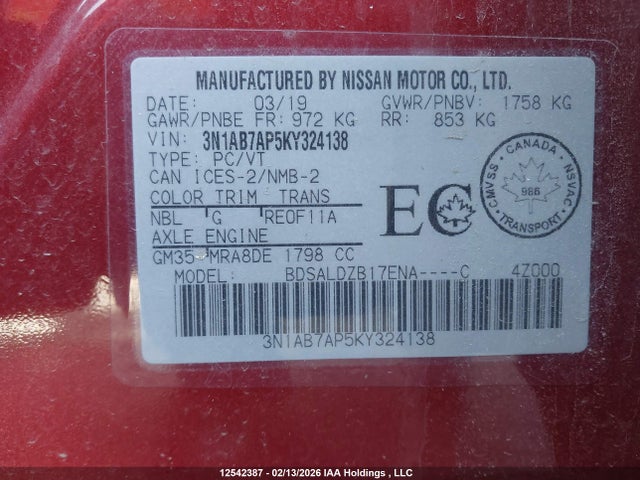 3N1AB7AP5KY324138 Nissan Sentra