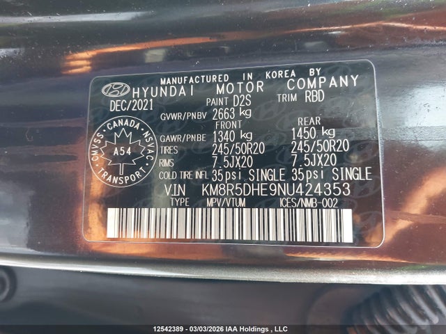 KM8R5DHE9NU424353 Hyundai Palisade