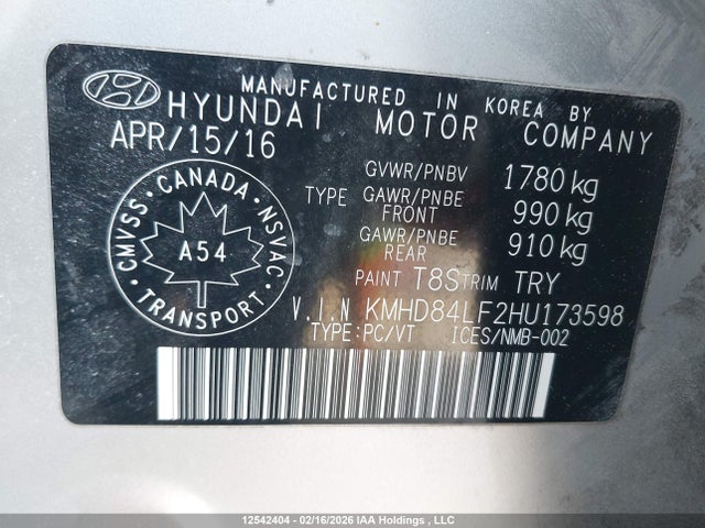 KMHD84LF2HU173598 Hyundai Elantra