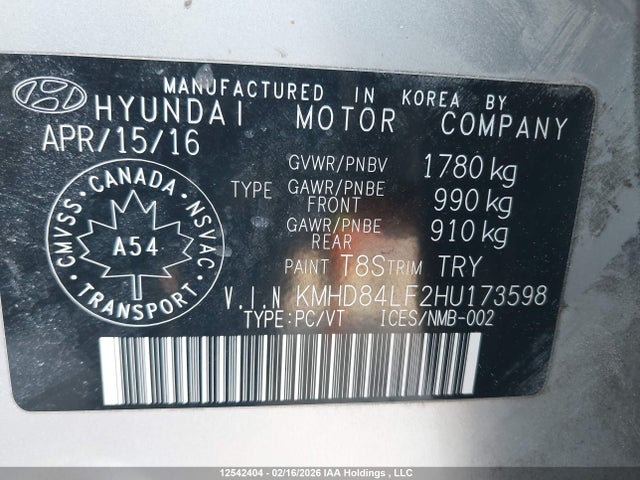 KMHD84LF2HU173598 Hyundai Elantra