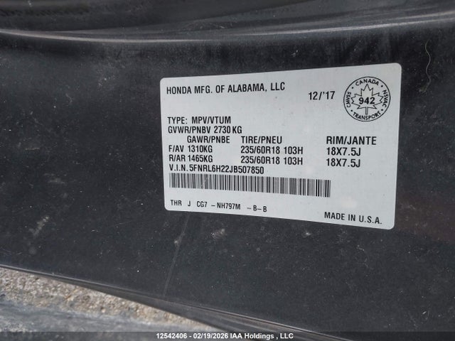 5FNRL6H22JB507850 Honda ODYSSEY LX