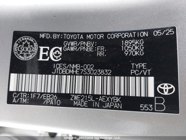 12542410 :رقم المزاد ، JTDBDMHE7S3023832 vin ، 2025 Toyota Corolla Hybrid Xse مزاد بيع