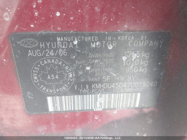 Aukcja sprzedaży 2007 Hyundai Elantra, vin: KMHDU45D47U019240, numer aukcji: 12542423