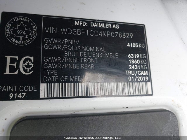 12542425 :رقم المزاد ، WD3BF1CD4KP078829 vin ، 2019 Mercedes-benz Sprinter 2500 High Roof V6 مزاد بيع