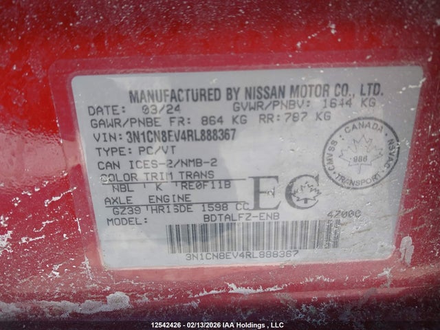 Auction sale of the 2024 Nissan Versa Sv, vin: 3N1CN8EV4RL888367, lot number: 12542426