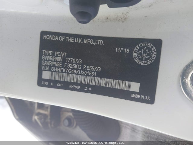 SHHFK7G49KU301861 Honda Civic Sport