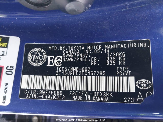 Aukcja sprzedaży 2014 Toyota Corolla, vin: 2T1BURHE2EC167295, numer aukcji: 12542437