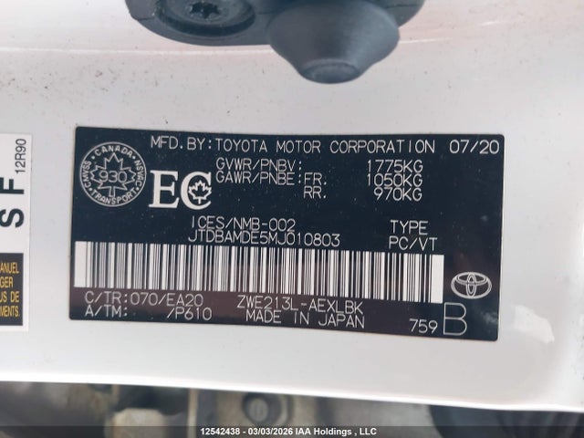12542438 :رقم المزاد ، JTDBAMDE5MJ010803 vin ، 2021 Toyota Corolla Hybrid Base W/li Battery مزاد بيع