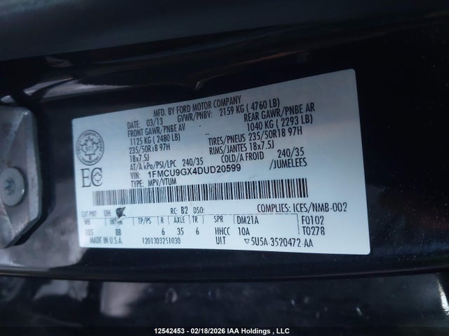 12542453 :رقم المزاد ، 1FMCU9GX4DUD20599 vin ، 2013 Ford Escape مزاد بيع