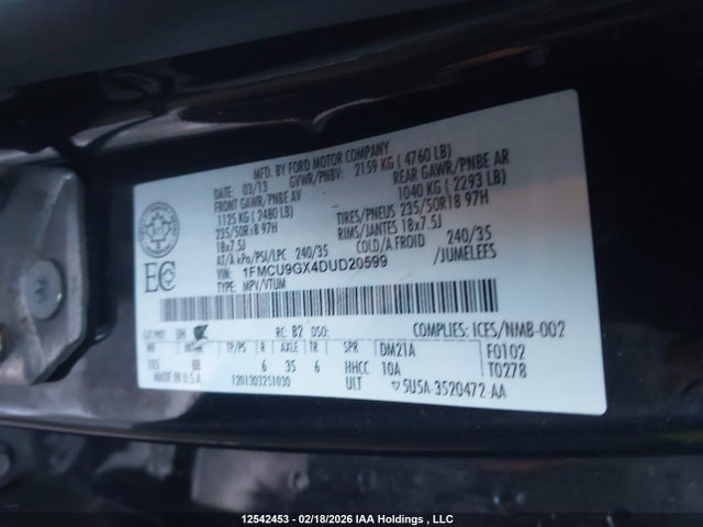 12542453 :رقم المزاد ، 1FMCU9GX4DUD20599 vin ، 2013 Ford Escape مزاد بيع