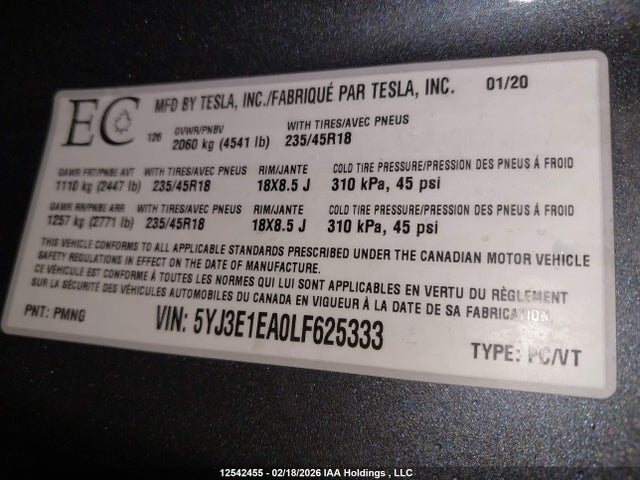 5YJ3E1EA0LF625333 Tesla Model 3 Standard Range Plus