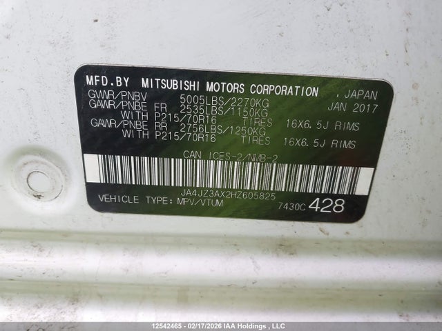 JA4JZ3AX2HZ605825 Mitsubishi Outlander Se