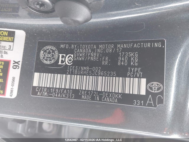 Aukcja sprzedaży 2018 Toyota Corolla L/le/xle/se/xse, vin: 2T1BURHE5JC965235, numer aukcji: 12542467