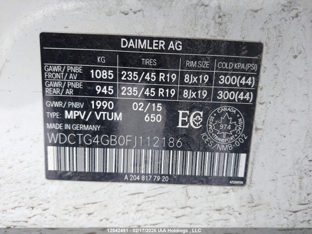 WDCTG4GB0FJ112186 Mercedes-Benz Gla 250 4matic