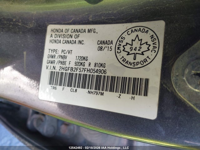 12542492 :رقم المزاد ، 2HGFB2F57FH054906 vin ، 2015 Honda Civic مزاد بيع