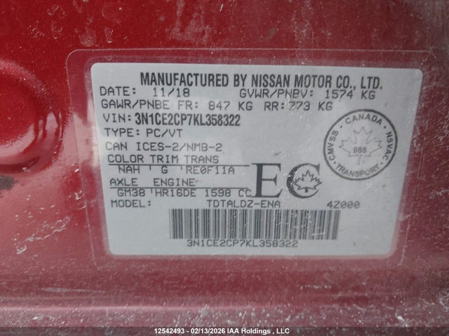 3N1CE2CP7KL358322 Nissan Versa Note S/sv