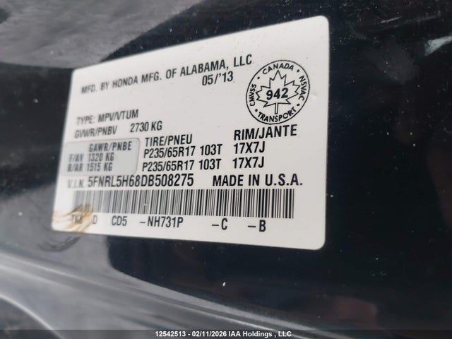 12542513 :رقم المزاد ، 5FNRL5H68DB508275 vin ، 2013 Honda Odyssey Exl مزاد بيع