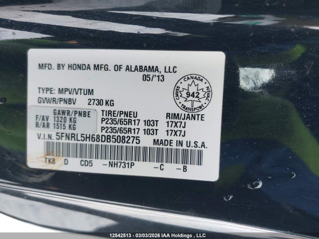 12542513 :رقم المزاد ، 5FNRL5H68DB508275 vin ، 2013 Honda Odyssey Exl مزاد بيع
