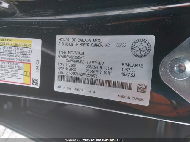 12542516 :رقم المزاد ، 2HKRS6H92PH208675 vin ، 2023 Honda Cr-v Hybrid مزاد بيع