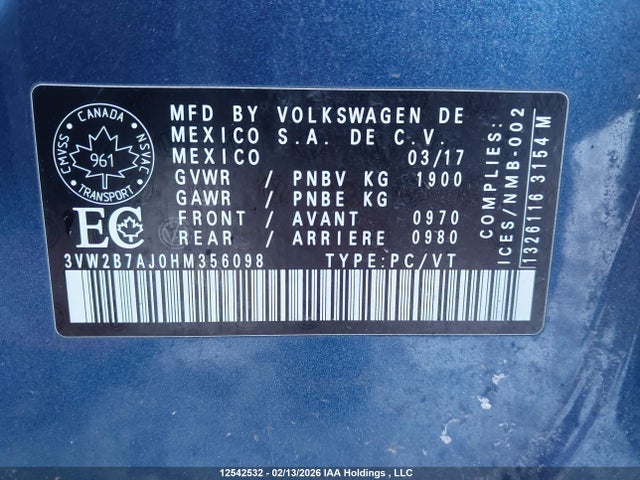 12542532 :رقم المزاد ، 3VW2B7AJ0HM356098 vin ، 2017 Volkswagen Jetta S مزاد بيع