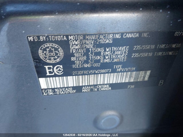 2T3DFREV5FW298073 Toyota Rav4 Limited