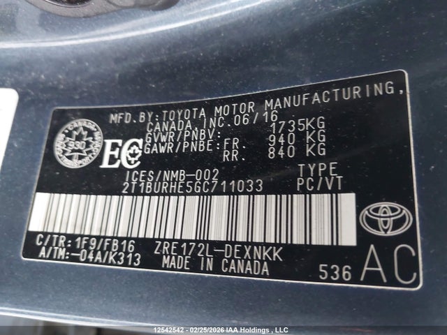 2T1BURHE5GC711033 Toyota COROLLA LE