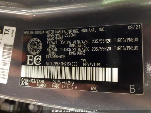 5TDLZRBH1MS154083 Toyota Highlander Xse