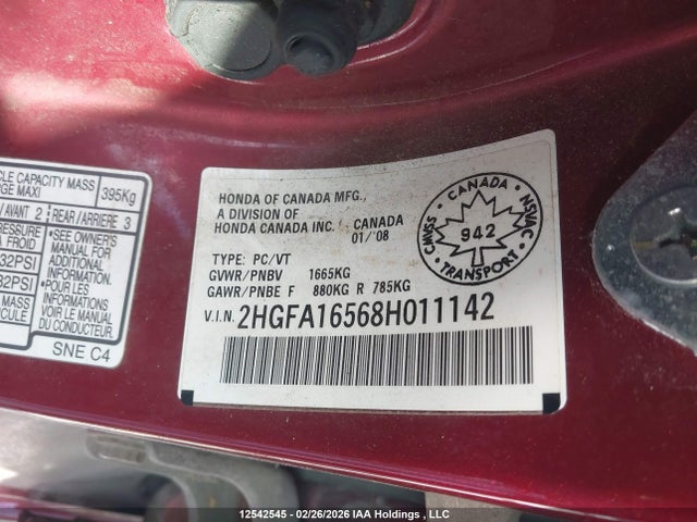 2008 Honda Civic მანქანა იყიდება აუქციონზე, vin: 2HGFA16568H011142, აუქციონის ნომერი: 12542545