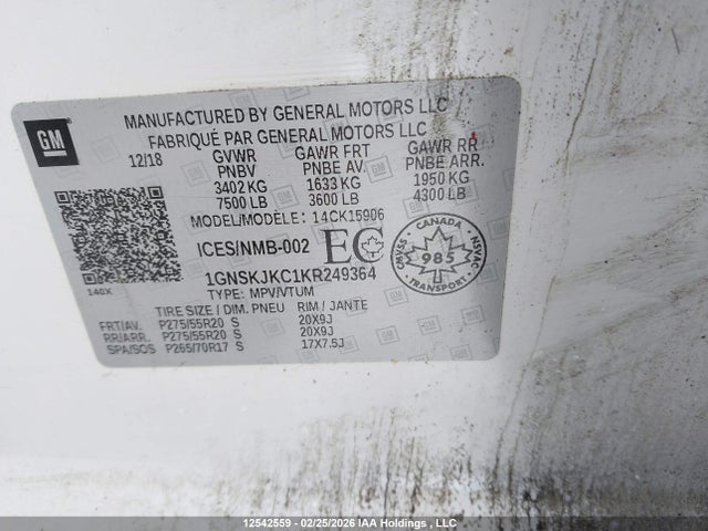1GNSKJKC1KR249364 Chevrolet Suburban K1500 Premier