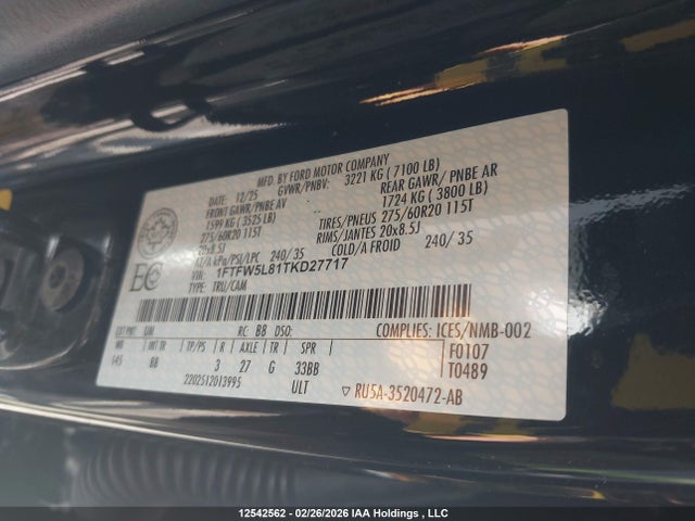 Aukcja sprzedaży 2026 Ford F-150, vin: 1FTFW5L81TKD27717, numer aukcji: 12542562