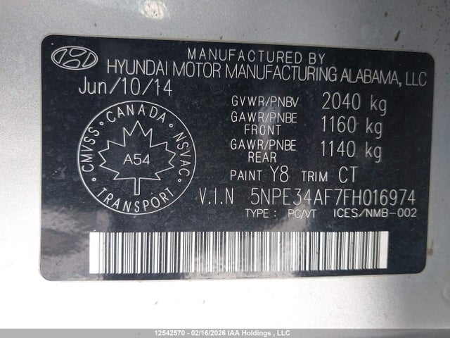 5NPE34AF7FH016974 Hyundai Sonata Limited