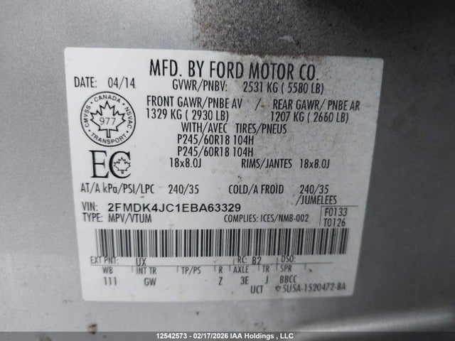 12542573 :رقم المزاد ، 2FMDK4JC1EBA63329 vin ، 2014 Ford Edge Sel مزاد بيع
