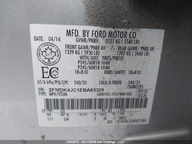 12542573 :رقم المزاد ، 2FMDK4JC1EBA63329 vin ، 2014 Ford Edge Sel مزاد بيع