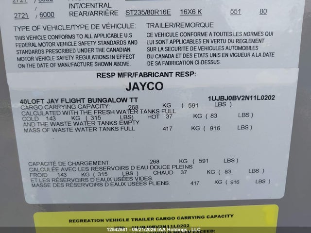 12542581 :رقم المزاد ، 1UJBJ0BV2N11L0202 vin ، 2022 Jayco Jay Flight مزاد بيع