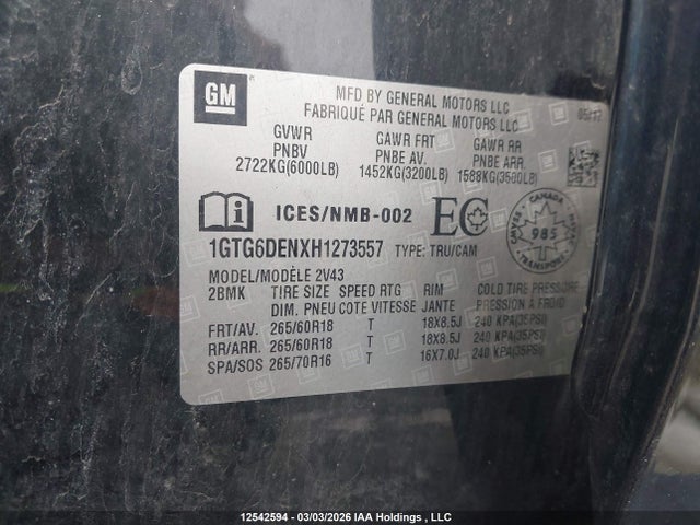 Aukcja sprzedaży 2017 Gmc Canyon, vin: 1GTG6DENXH1273557, numer aukcji: 12542594