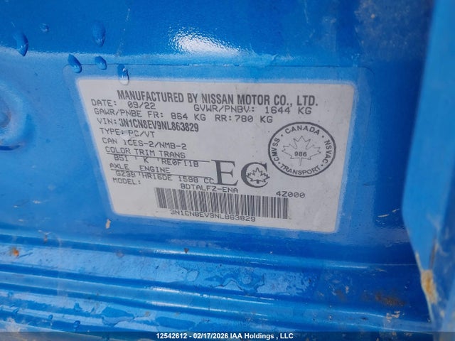 3N1CN8EV9NL863829 Nissan VERSA SV
