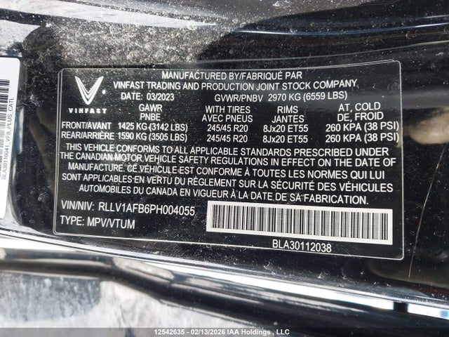 Продажа на аукционе авто 2023 Vinfast Vf 8 Plus, vin: RLLV1AFB6PH004055, номер лота: 12542635