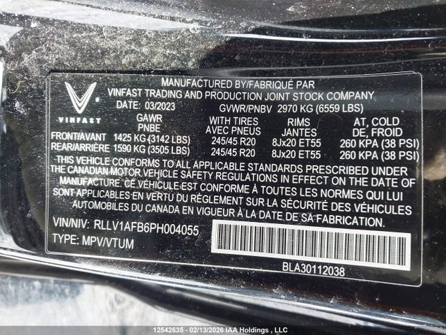 Продажа на аукционе авто 2023 Vinfast Vf 8 Plus, vin: RLLV1AFB6PH004055, номер лота: 12542635