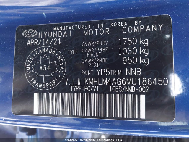 KMHLM4AG6MU186450 Hyundai Elantra Preferred Ivt With Sun And Tech Package
