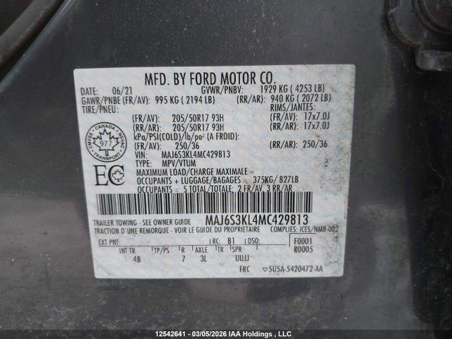 2021 Ford Ecosport Titanium მანქანა იყიდება აუქციონზე, vin: MAJ6S3KL4MC429813, აუქციონის ნომერი: 12542641