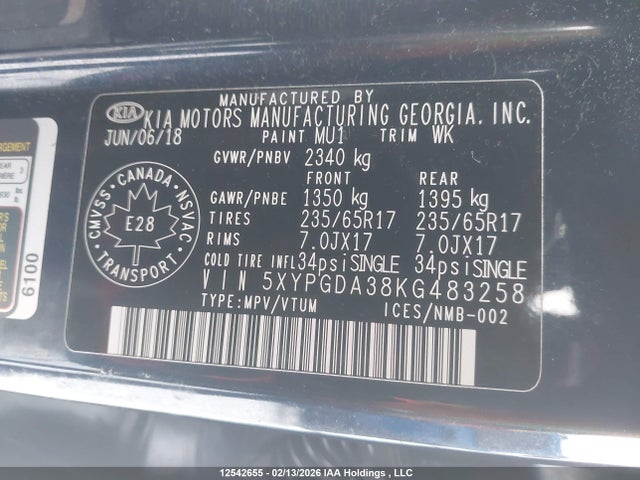 5XYPGDA38KG483258 KIA Sorento 2.4l Lx