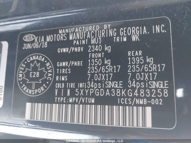 5XYPGDA38KG483258 KIA Sorento 2.4l Lx
