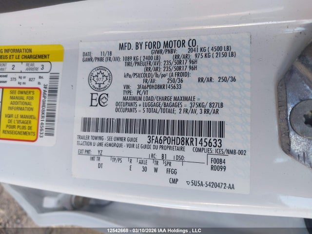 Продаж на аукціоні авто 2019 Ford Fusion Se, vin: 3FA6P0HD8KR145633, номер лоту: 12542668