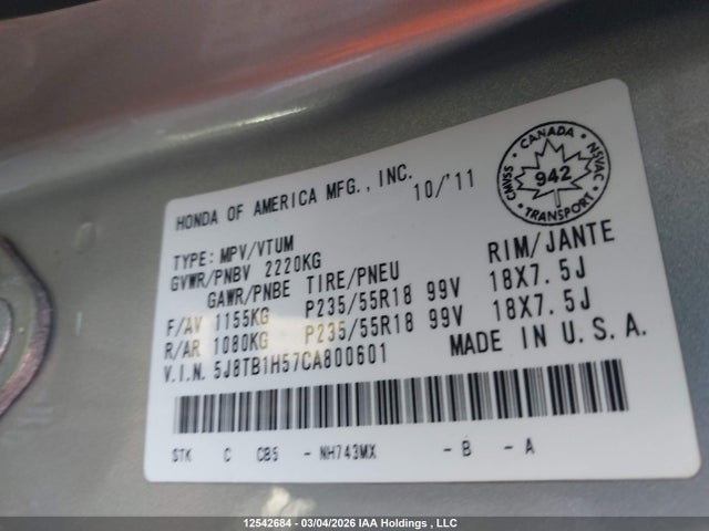 12542684 :رقم المزاد ، 5J8TB1H57CA800601 vin ، 2012 Acura Rdx مزاد بيع