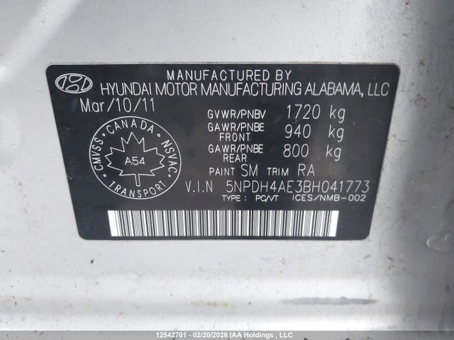 12542701 :رقم المزاد ، 5NPDH4AE3BH041773 vin ، 2011 Hyundai Elantra Gl مزاد بيع