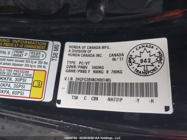 Продаж на аукціоні авто 2012 Honda Civic, vin: 2HGFG3B48CH001485, номер лоту: 12542704
